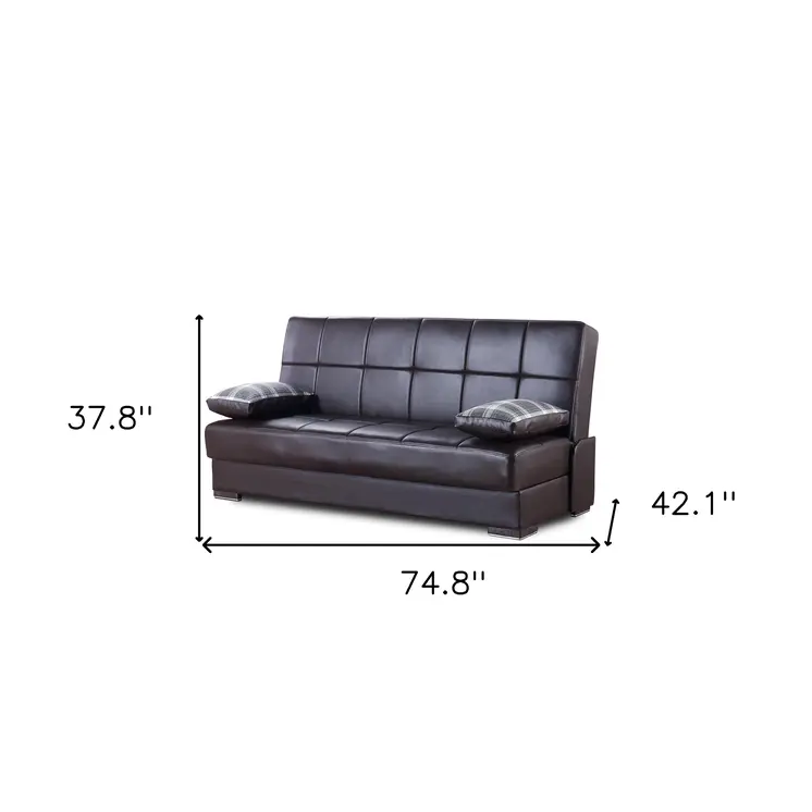 75" Brown Faux Leather Convertible Futon Sleeper Sofa And Toss Pillows With Storage