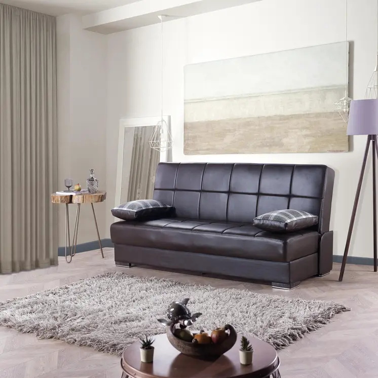 75" Brown Faux Leather Convertible Futon Sleeper Sofa And Toss Pillows With Storage