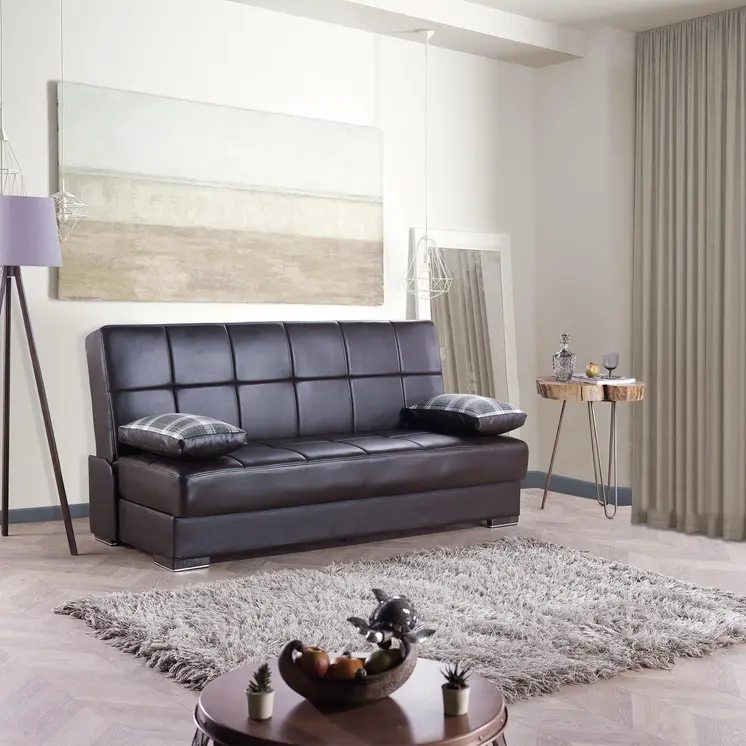 75" Brown Faux Leather Convertible Futon Sleeper Sofa And Toss Pillows With Storage