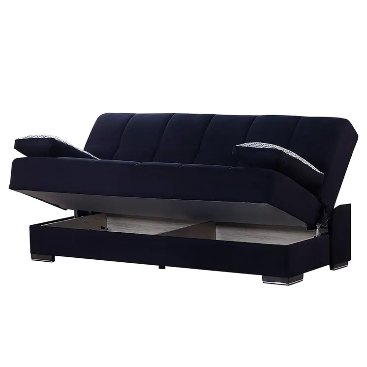 75" Black Chenille Convertible Futon Sleeper Sofa And Toss Pillows With Storage