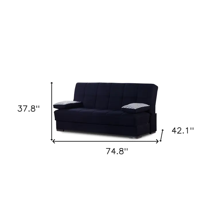 75" Black Chenille Convertible Futon Sleeper Sofa And Toss Pillows With Storage