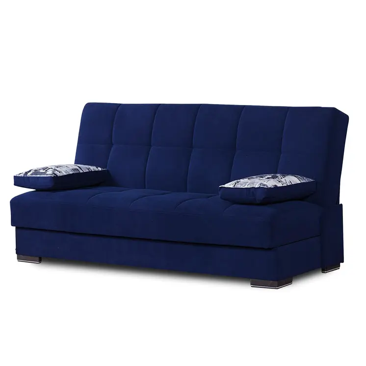 75" Blue Chenille Convertible Futon Sleeper Sofa And Toss Pillows With Storage