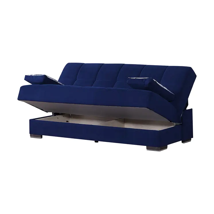 75" Blue Chenille Convertible Futon Sleeper Sofa And Toss Pillows With Storage