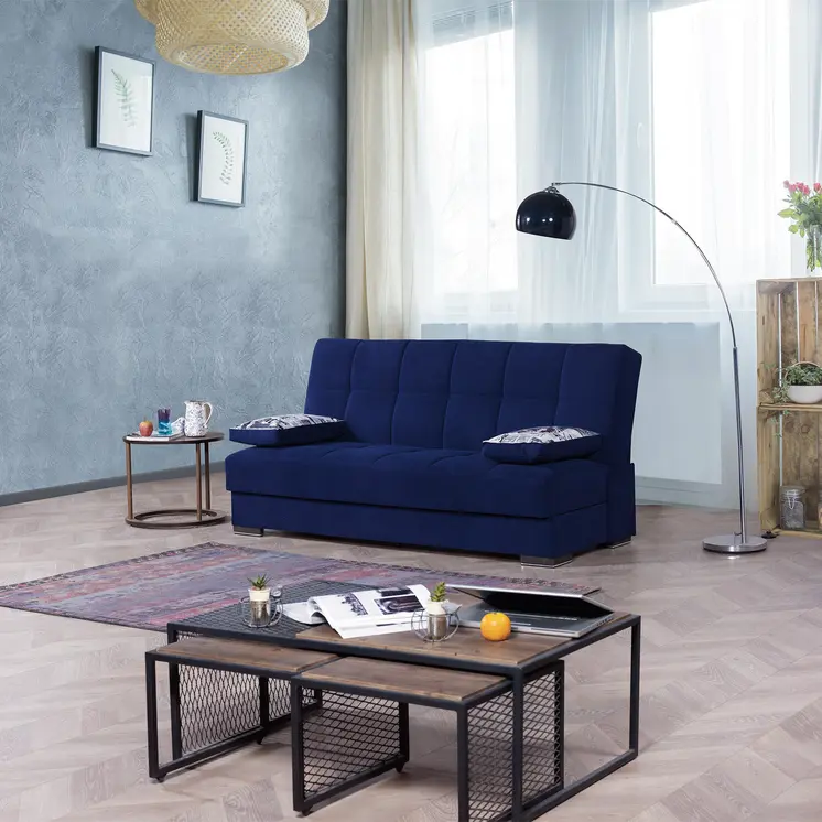 75" Blue Chenille Convertible Futon Sleeper Sofa And Toss Pillows With Storage