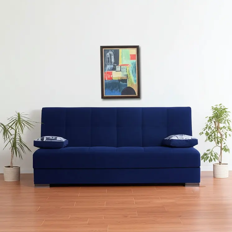 75" Blue Chenille Convertible Futon Sleeper Sofa And Toss Pillows With Storage