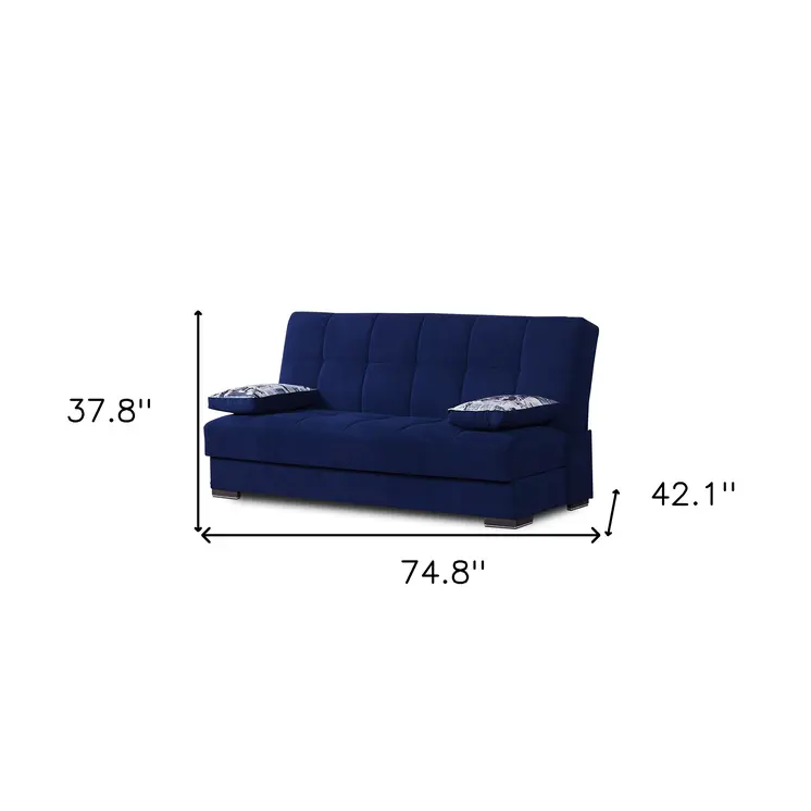 75" Blue Chenille Convertible Futon Sleeper Sofa And Toss Pillows With Storage