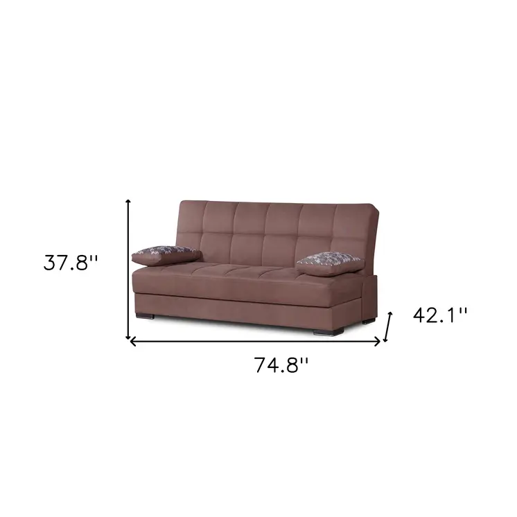 75" Brown Chenille Convertible Futon Sleeper Sofa And Toss Pillows With Storage