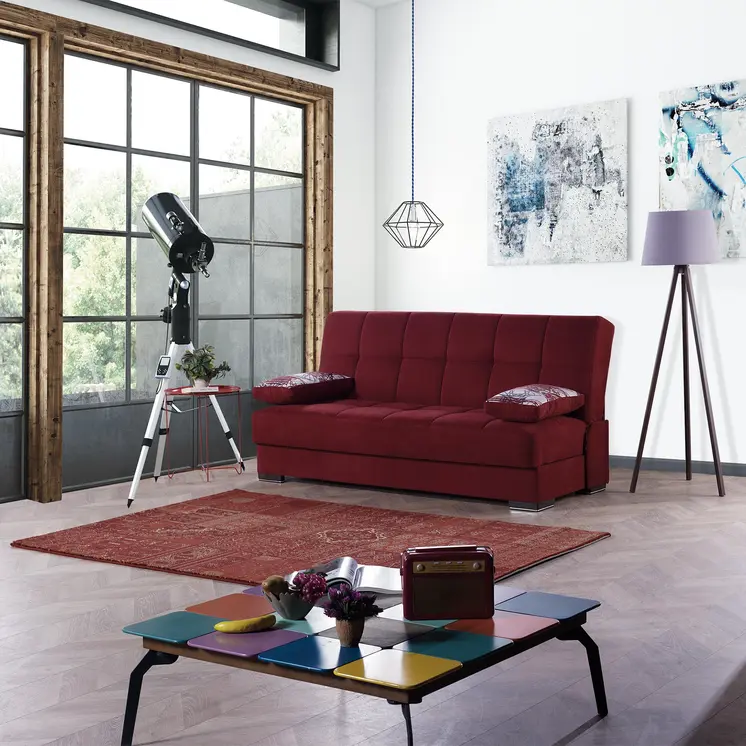 75" Burgundy Chenille Convertible Futon Sleeper Sofa And Toss Pillows With Storage