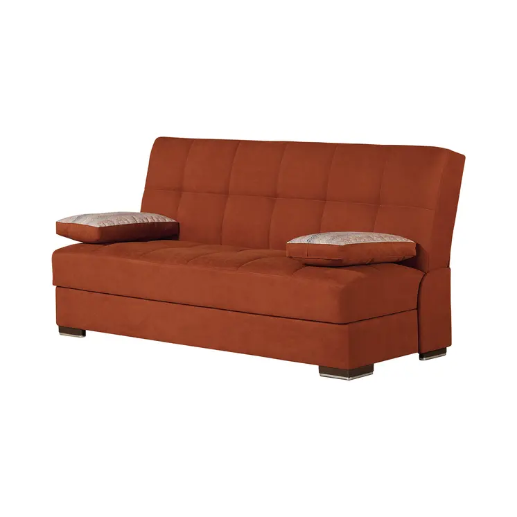 75" Orange Chenille Convertible Futon Sleeper Sofa And Toss Pillows With Storage
