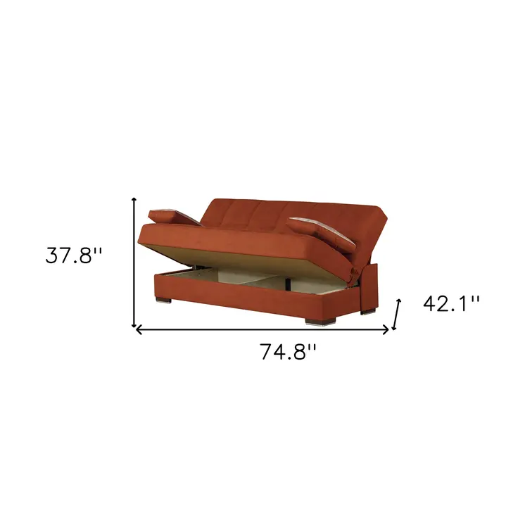75" Orange Chenille Convertible Futon Sleeper Sofa And Toss Pillows With Storage