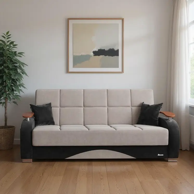 84" Gray Microfiber Convertible Futon Sleeper Sofa And Toss Pillows With Storage