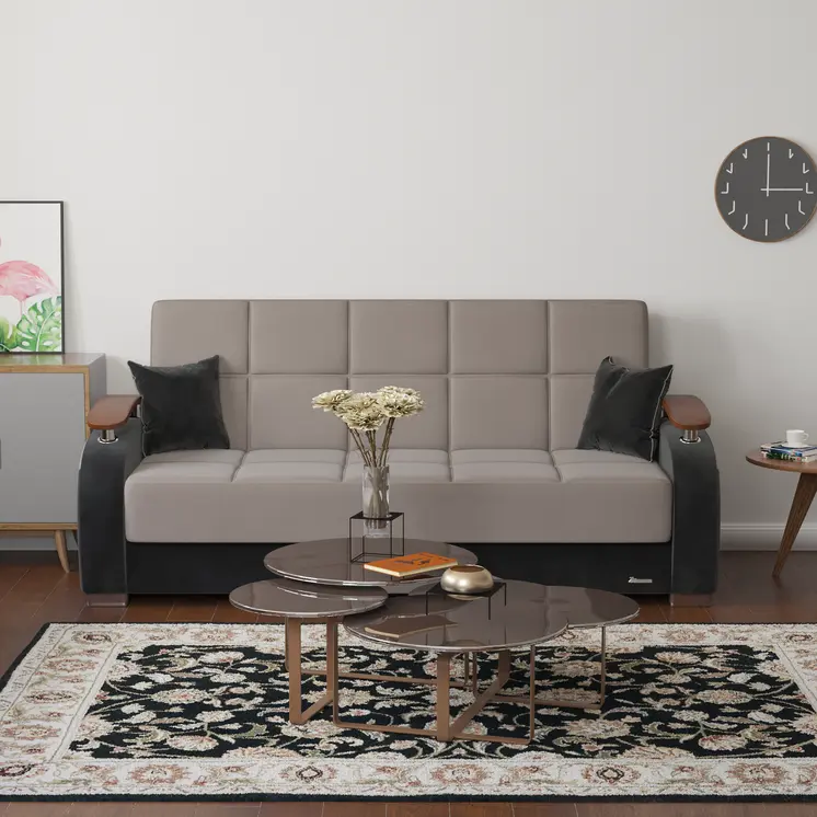 84" Gray Microfiber Convertible Futon Sleeper Sofa And Toss Pillows With Storage