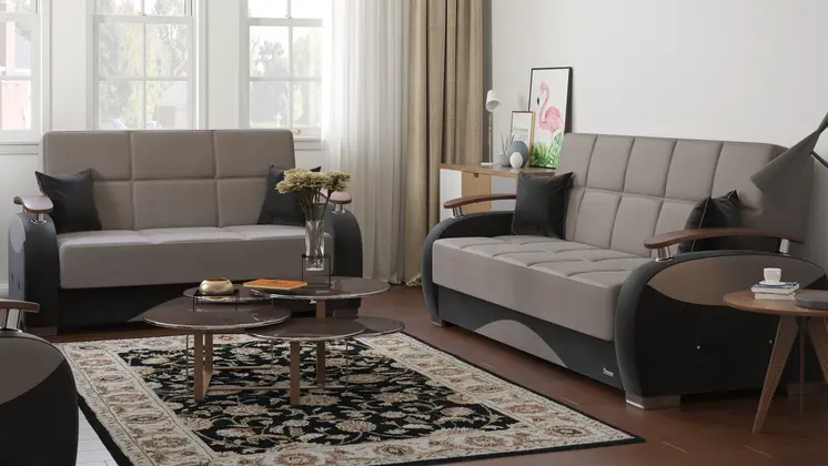 84" Gray Microfiber Convertible Futon Sleeper Sofa And Toss Pillows With Storage