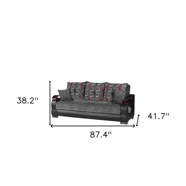 87" Gray Chenille Convertible Futon Sleeper Sofa And Toss Pillows With Storage