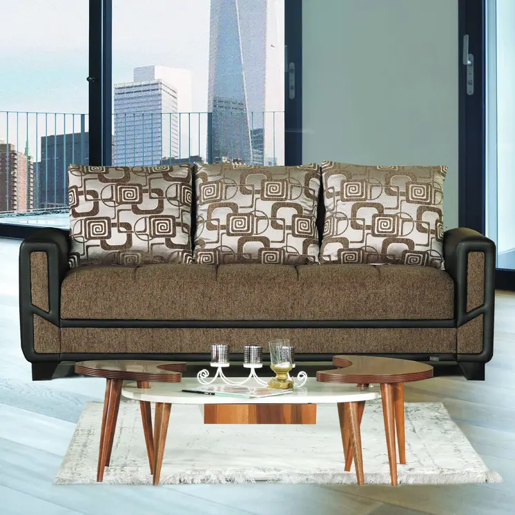 90" Brown Chenille Convertible Futon Sleeper Sofa And Toss Pillows With Storage