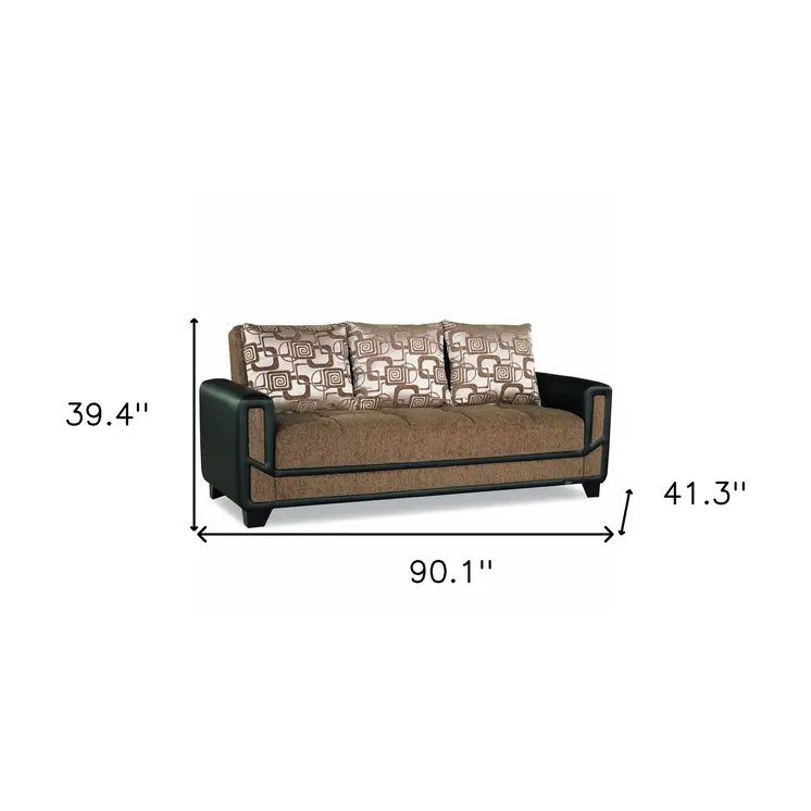 90" Brown Chenille Convertible Futon Sleeper Sofa And Toss Pillows With Storage