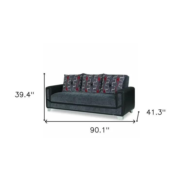 90" Gray Chenille Convertible Futon Sleeper Sofa And Toss Pillows With Storage