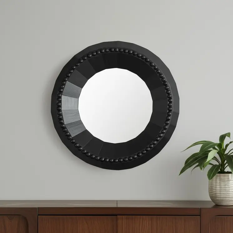 30" Black Solid Wood Round Accent Mirror