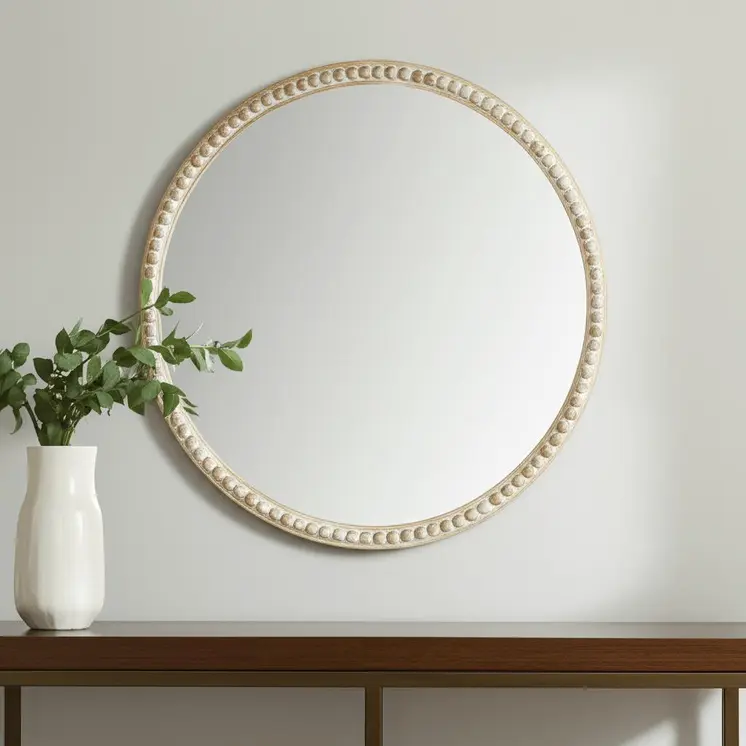 30" Brown Solid Wood Round Accent Mirror
