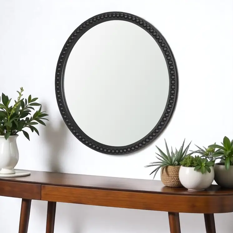 30" Black Solid Wood Round Accent Mirror