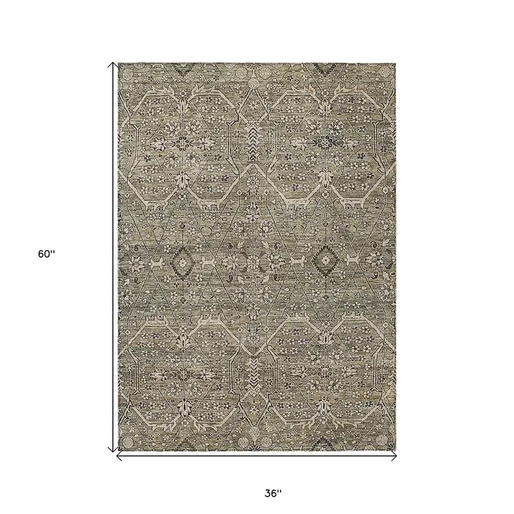 3' X 5' Khaki Floral Washable Indoor Outdoor Area Rug