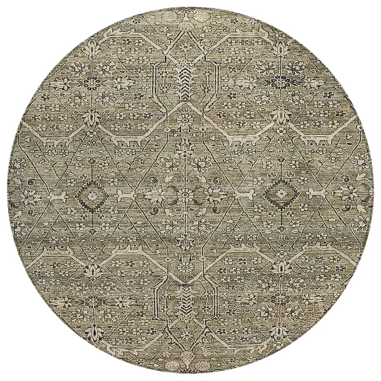 8' Khaki Round Floral Washable Indoor Outdoor Area Rug