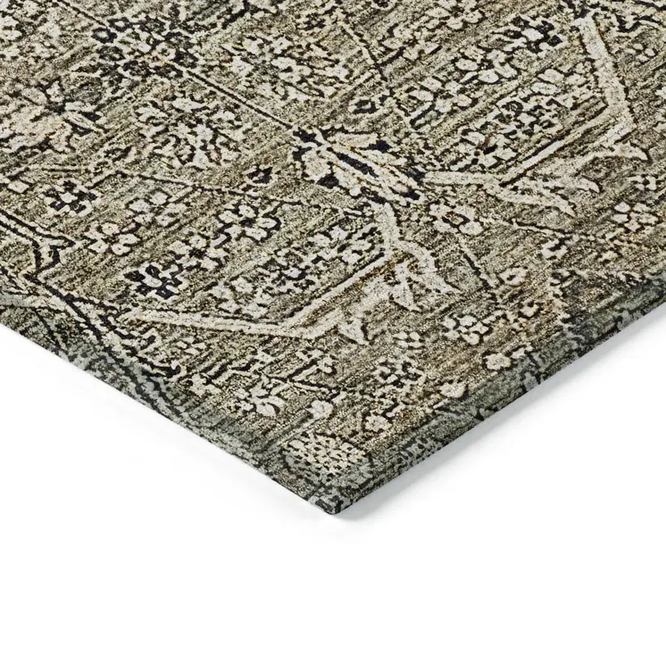 8' Khaki Round Floral Washable Indoor Outdoor Area Rug