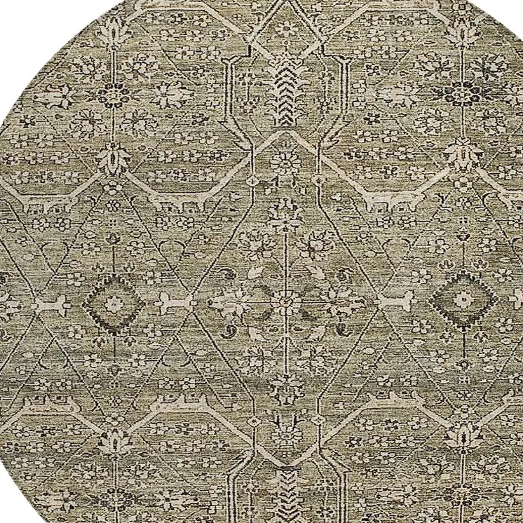 8' Khaki Round Floral Washable Indoor Outdoor Area Rug