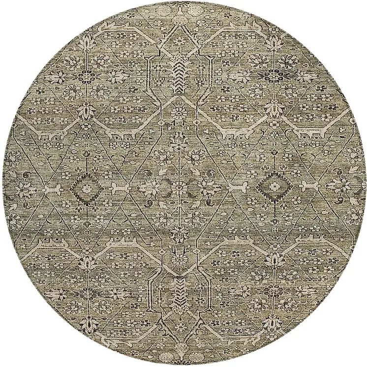 8' Khaki Round Floral Washable Indoor Outdoor Area Rug