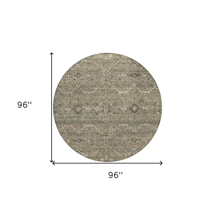 8' Khaki Round Floral Washable Indoor Outdoor Area Rug