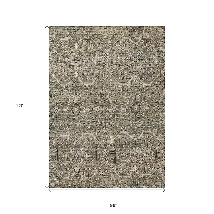 8' X 10' Khaki Floral Washable Indoor Outdoor Area Rug