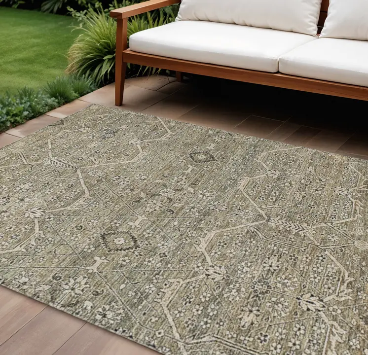 8' X 10' Khaki Floral Washable Indoor Outdoor Area Rug