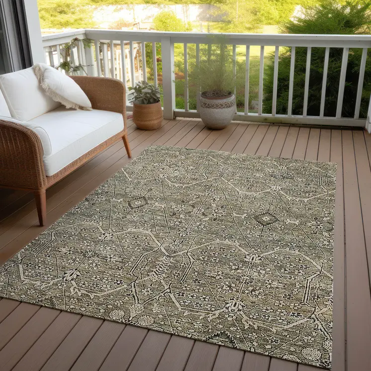 8' X 10' Khaki Floral Washable Indoor Outdoor Area Rug