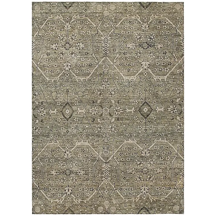 8' X 10' Khaki Floral Washable Indoor Outdoor Area Rug