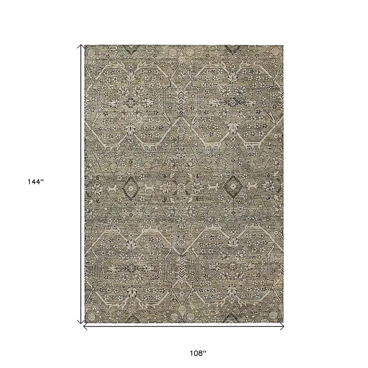 9' X 12' Khaki Floral Washable Indoor Outdoor Area Rug