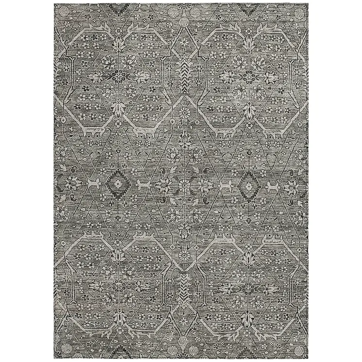 5' X 8' Pewter Floral Washable Indoor Outdoor Area Rug