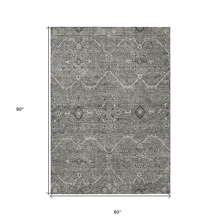 5' X 8' Pewter Floral Washable Indoor Outdoor Area Rug