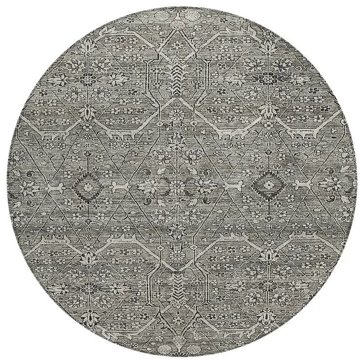 8' Pewter Round Floral Washable Indoor Outdoor Area Rug