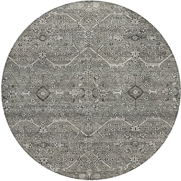 8' Pewter Round Floral Washable Indoor Outdoor Area Rug