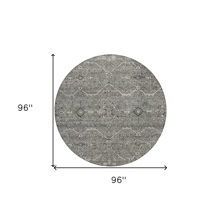 8' Pewter Round Floral Washable Indoor Outdoor Area Rug