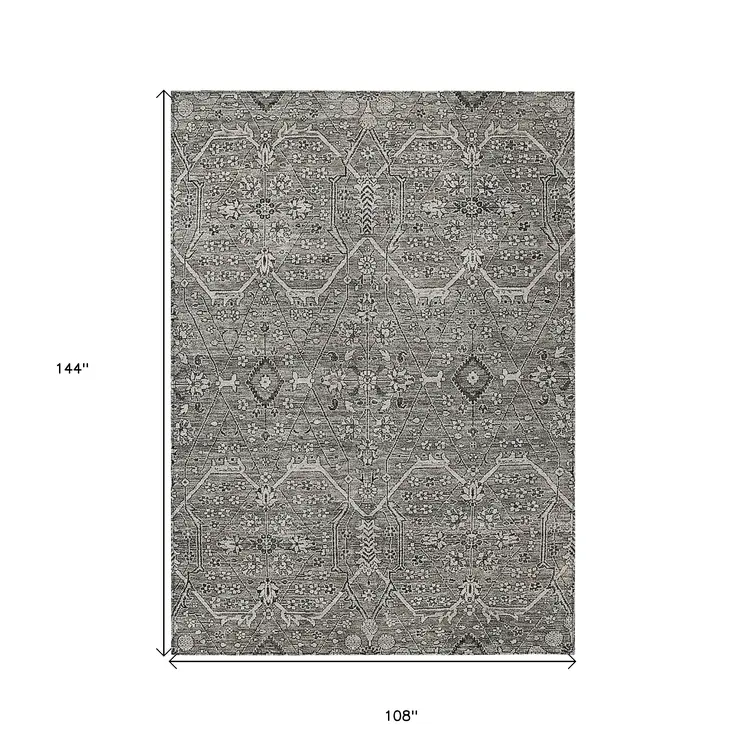 9' X 12' Pewter Floral Washable Indoor Outdoor Area Rug