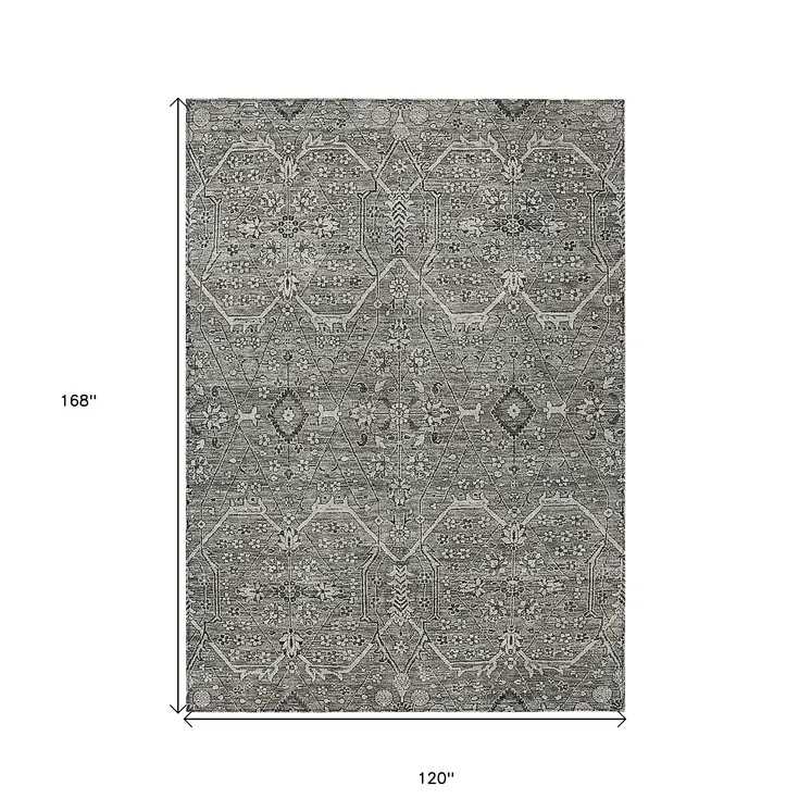 10' X 14' Pewter Floral Washable Indoor Outdoor Area Rug