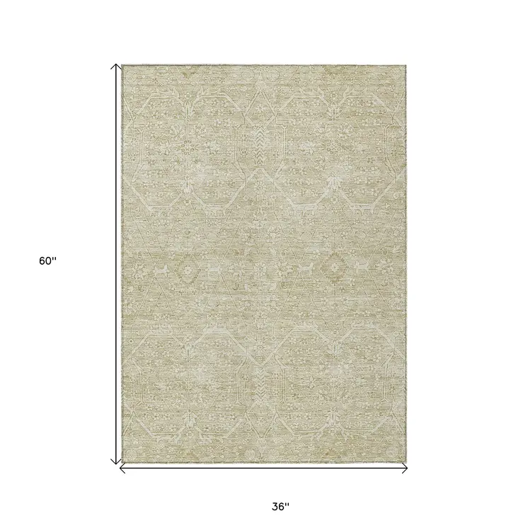 3' X 5' Beige Floral Washable Indoor Outdoor Area Rug