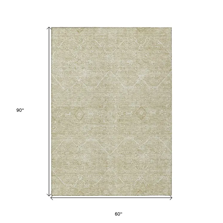 5' X 8' Beige Floral Washable Indoor Outdoor Area Rug