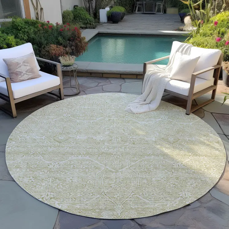 8' Beige Round Floral Washable Indoor Outdoor Area Rug