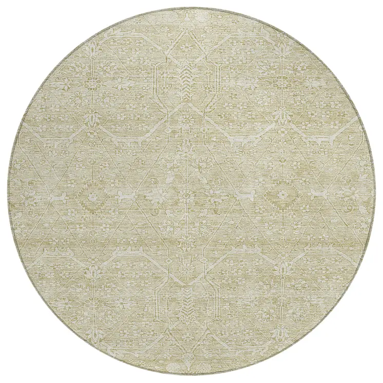 8' Beige Round Floral Washable Indoor Outdoor Area Rug