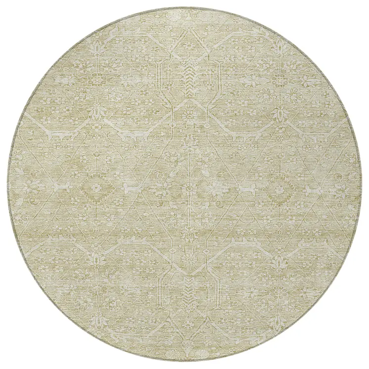 8' Beige Round Floral Washable Indoor Outdoor Area Rug