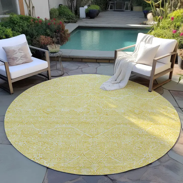 8' Gold Round Floral Washable Indoor Outdoor Area Rug