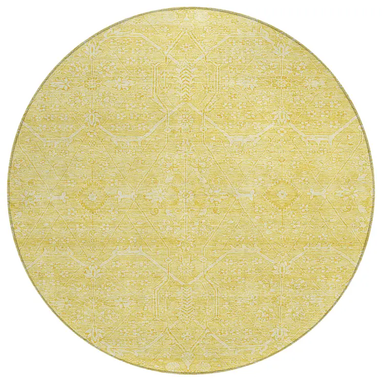 8' Gold Round Floral Washable Indoor Outdoor Area Rug