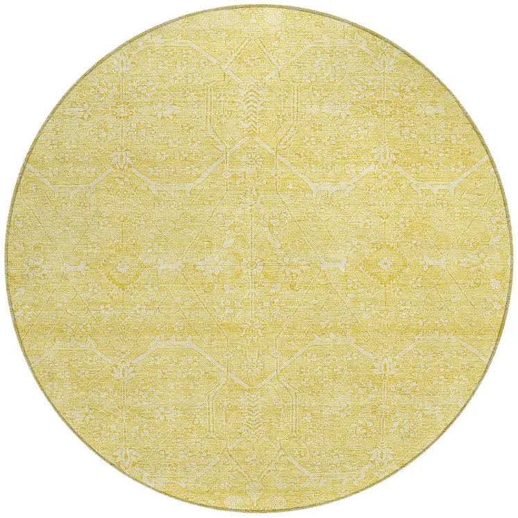 8' Gold Round Floral Washable Indoor Outdoor Area Rug